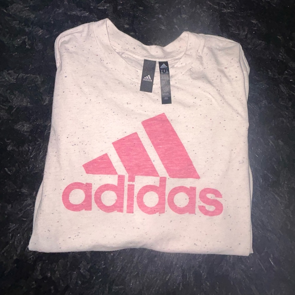 Adidas Women's Speckled White Long Sleeve Tee with Pink Logo